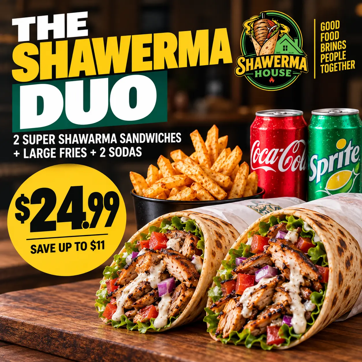 Shawerma Duo deal in Paterson, NJ with 2 Super Shawarma Sandwiches, large fries and 2 sodas for $24.99, saving up to $11